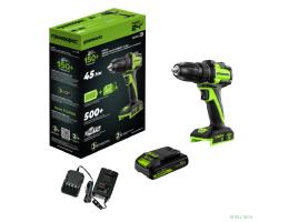 Greenworks DD345, 24V, Дрель-шуруповерт аккумуляторная, бесщеточная, 27/45 Нм,13мм,1х2Ач,ЗУ,кор  [3708307CUA]