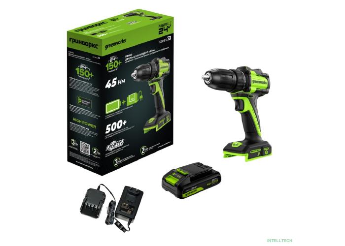 Greenworks DD345, 24V, Дрель-шуруповерт аккумуляторная, бесщеточная, 27/45 Нм,13мм,1х2Ач,ЗУ,кор  [3708307CUA]