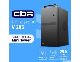 CBR Корпус mATX Minitower V205, без БП, 1*USB 3.0, 1*USB 2.0, HD Audio+Mic, ручка, каркас металл 1.8мм,  Black [PCC-MATX-V205-WPSU]